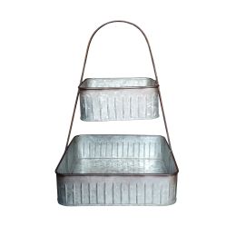 2 Tier Square Galvanized Metal Corrugated Tray with Arched Handle, Gray - BM195137