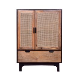 DunaWest 42 Inch Mango Wood Armoire Storage Cabinet, 2 Cane Rattan Woven Doors, 1 Drawer, Brown, Black - Default